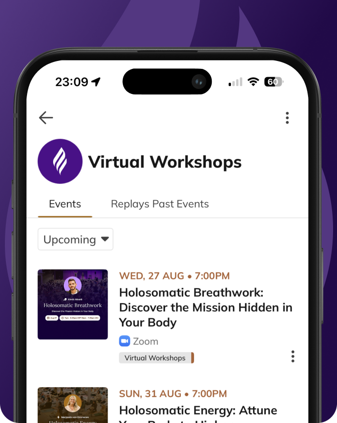 The InnerCamp community app showing upcoming virtual workshops